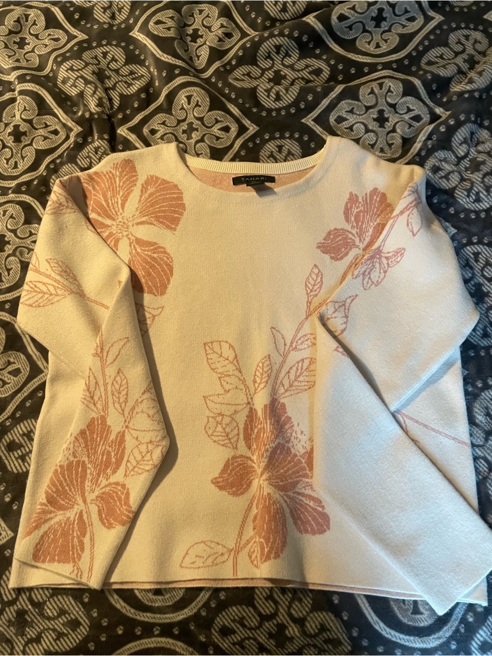 Tahari Cream Sweater with Pink Floral Pattern